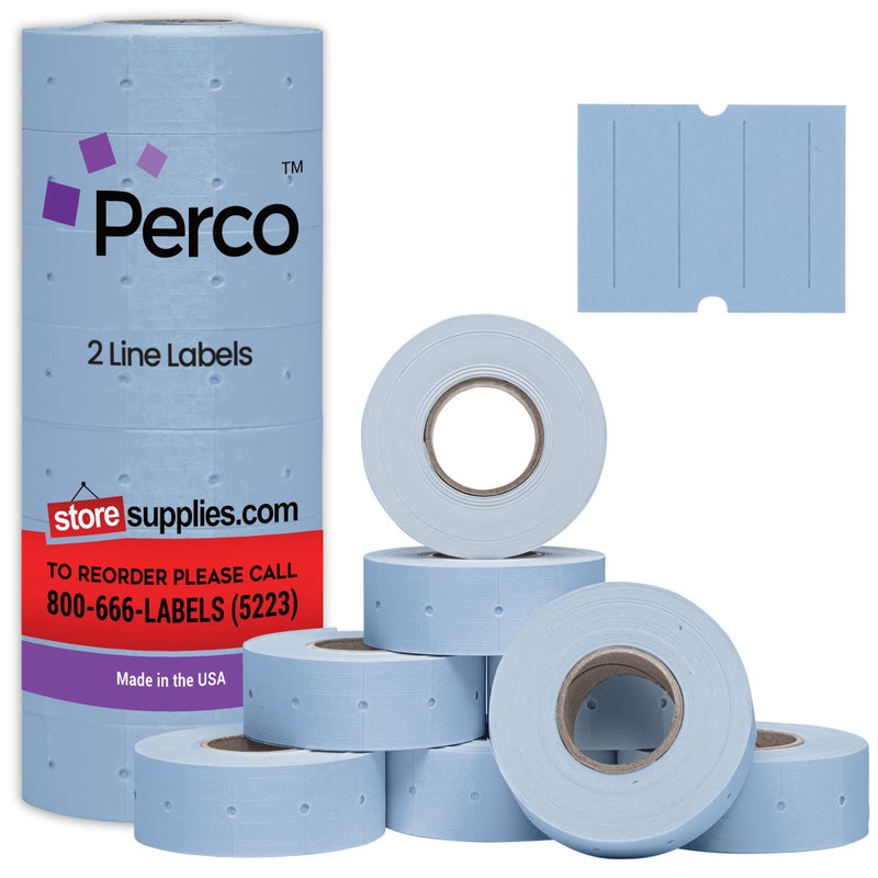Perco 2 Line Blue Labels - 8 Rolls, 1 Sleeve, 6,000 Blank Price and Date Gun Labels for Perco 2 Line Price and Date Guns - Made in USA - Image 1